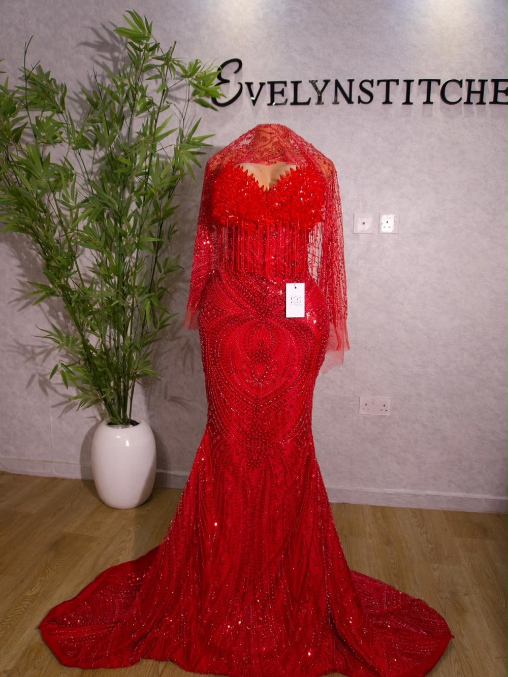 Red Beaded Mermaid Evening Dress with Sheer Fringe Cape. Prom dress